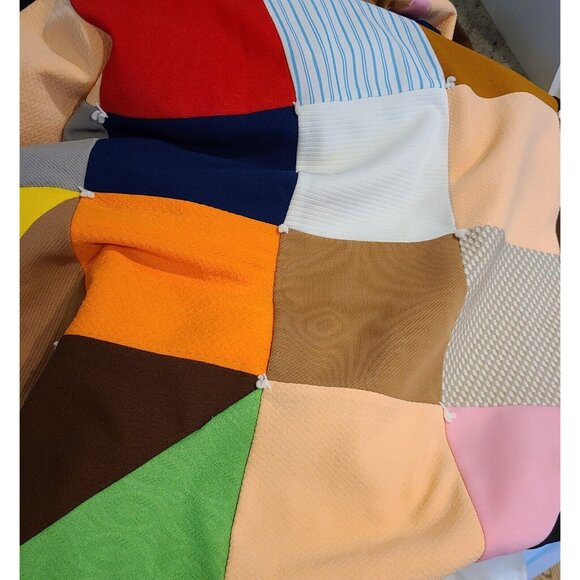 Vtg 1970s HANDMADE QUILT app 69"x77" Twin? Boho Hippie Textured Bright Squares - Picture 11 of 12